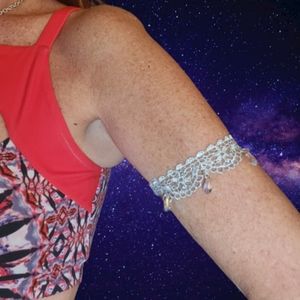 Arm Garters Set, Silver Lace, AB Crystal Teardrop Beads, Adjustable, Sz: Sm/Med